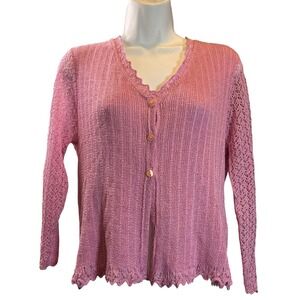 NORTON MCNAUGHTON Pink Knit Cardigan Sweater V-Neck Crochet Trim Women's Size M